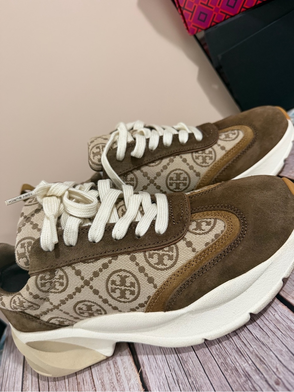 Tory Burch Brown Suede and Cream Logo Canvas Sneakers - Picture 2 of 5